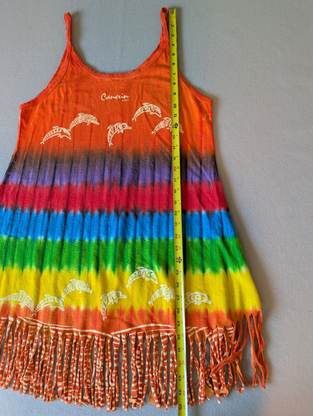 Vintage Cancun Mexico Rainbow Tie Dye Dolphin Fringe Tank Top Cover Up Festival - Picture 9 of 9